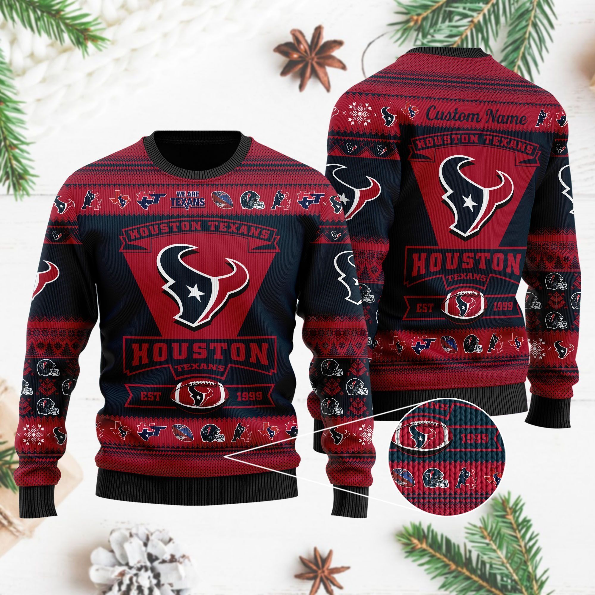 Houston Texans Football Team Logo Custom Name Personalized Ugly Christmas Sweater Holiday Party Men Women Plus Size