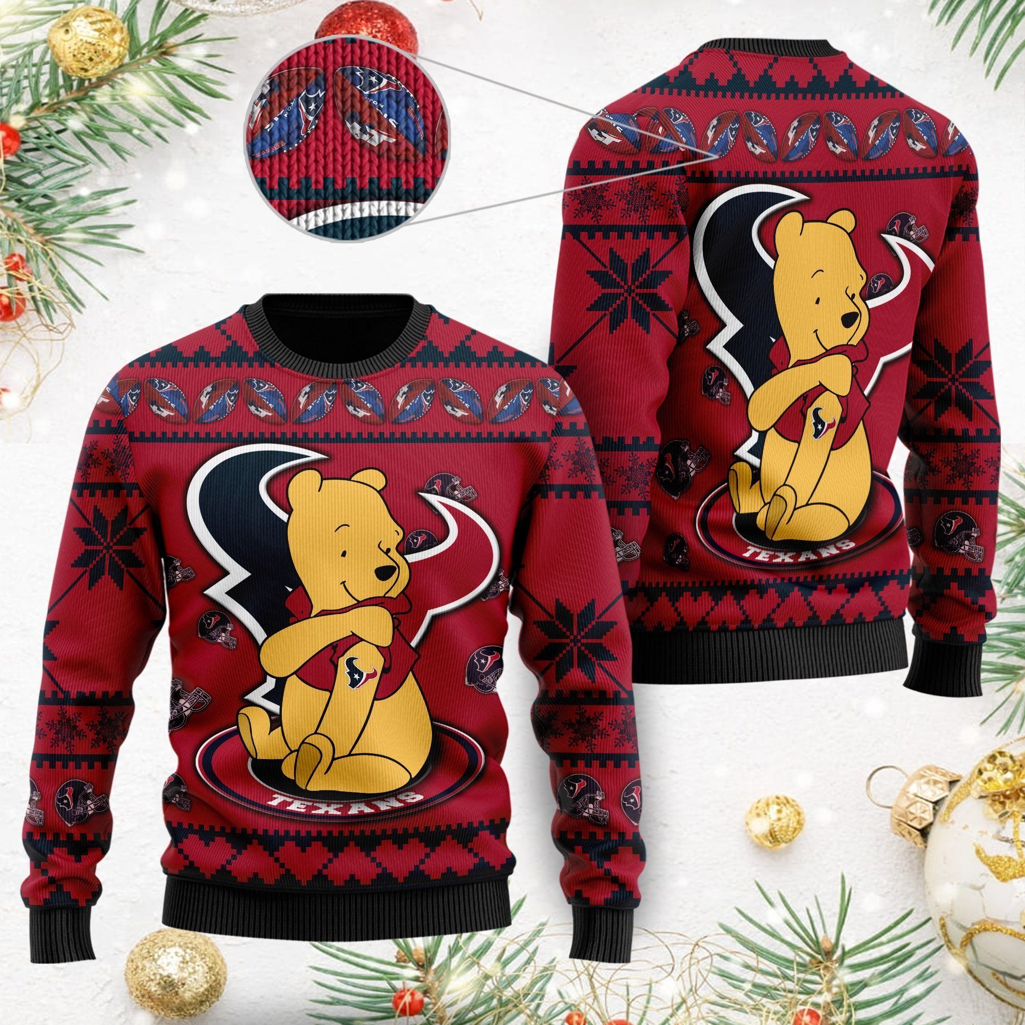 Houston Texans NFL American Football Team Logo Cute Winnie The Pooh Bear 3D Ugly Christmas Sweater