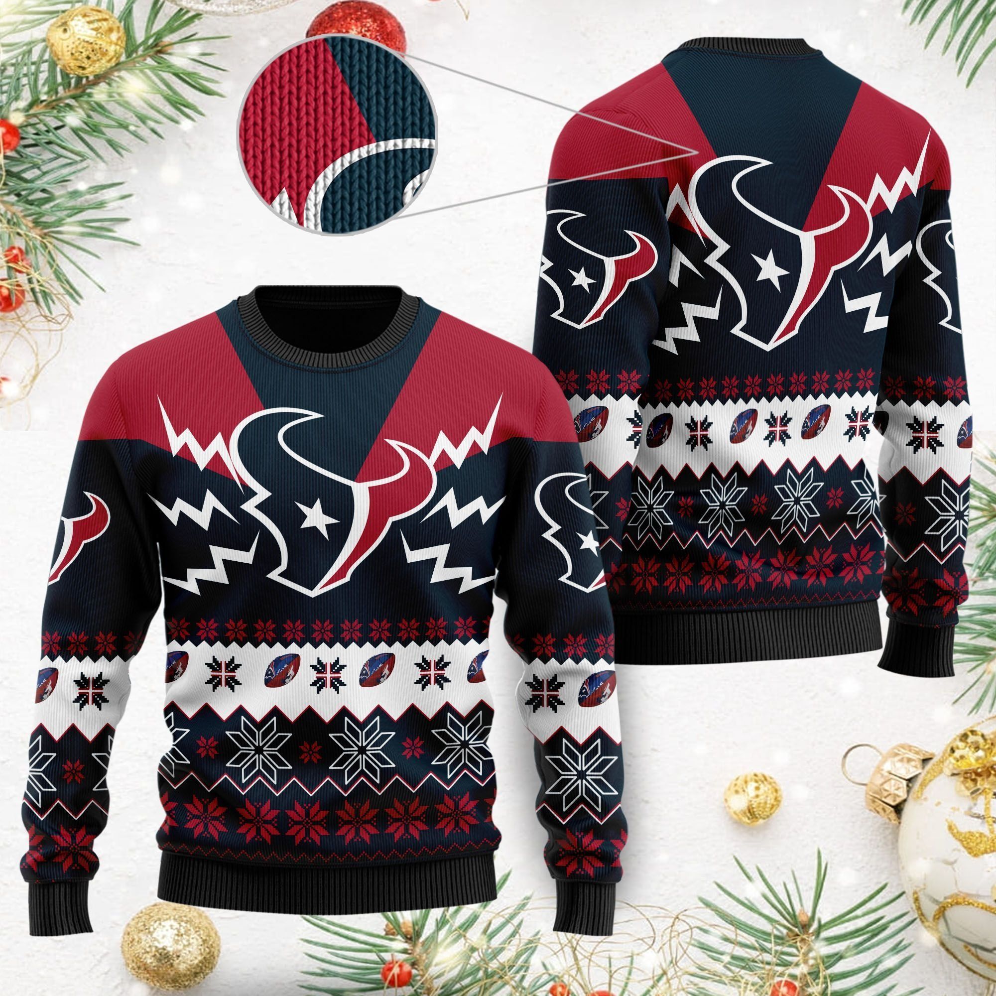 Houston Texans NFL Football Team Logo Symbol 3D Ugly Christmas Sweater