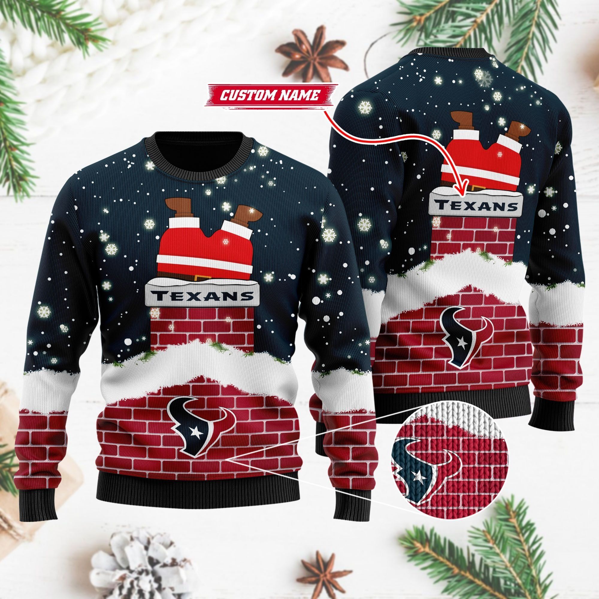 Houston Texans NFL Football Team Logo Symbol Santa Claus Custom Name Personalized 3D Ugly Christmas Sweater