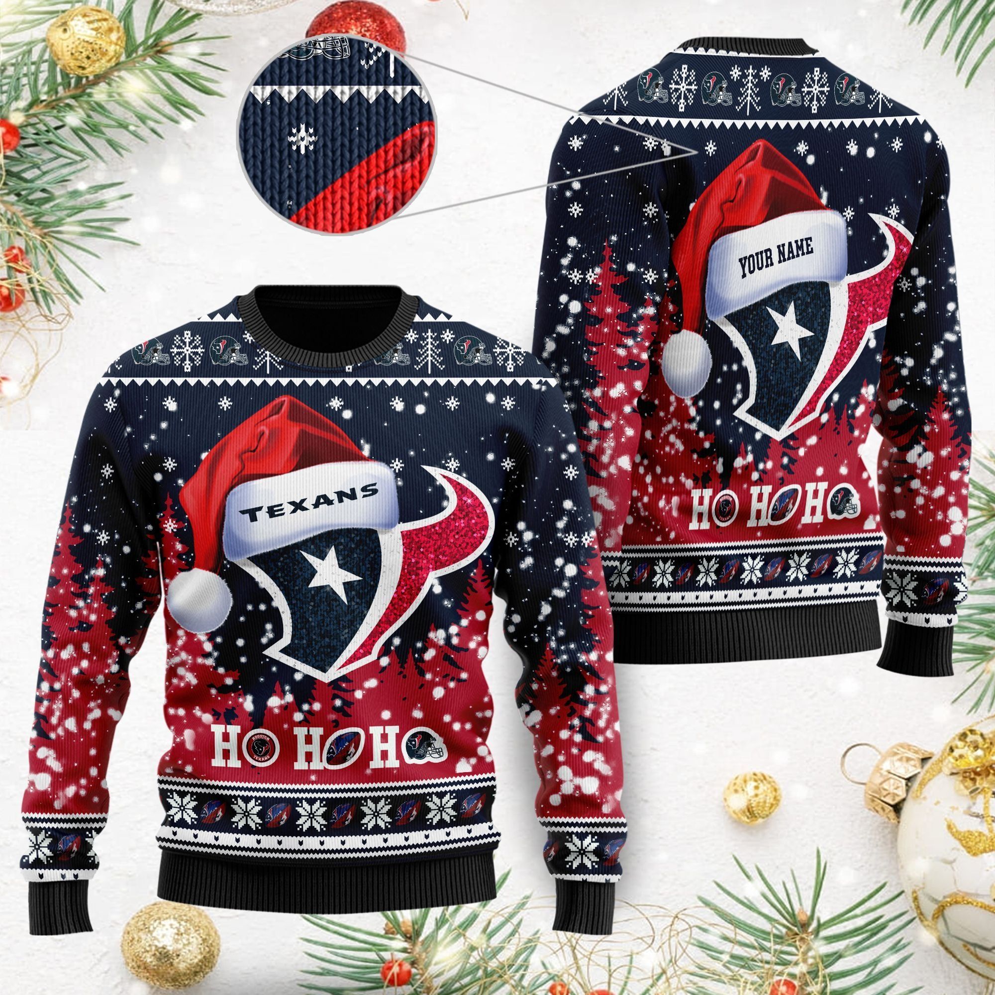 Houston Texans Symbol Wearing Santa Claus Hat Cute Pattern Ho Ho Ho Custom Personalized Ugly Christmas Sweater For Football Fans On Xmas Party