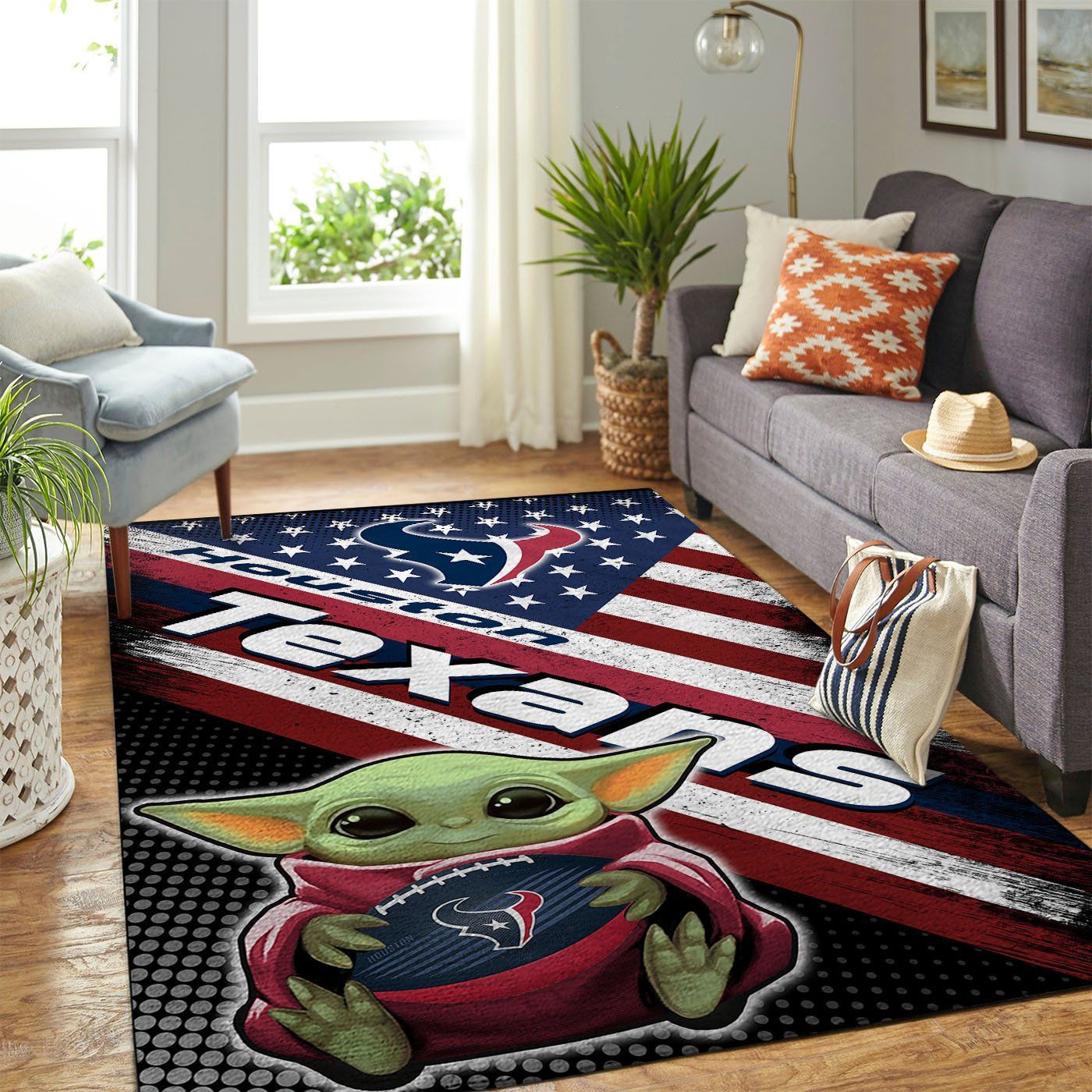 Houston Texans Team Logo Baby Yoda Us Rectangle Area Rug – Full Print Carpet For Living Room & Bedroom Home Decor