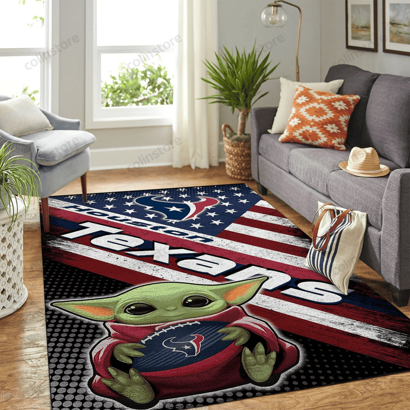 Houston Texans Team Logo Baby Yoda Us Rectangle Area Rug – Full Print Carpet For Living Room & Bedroom Home Decor