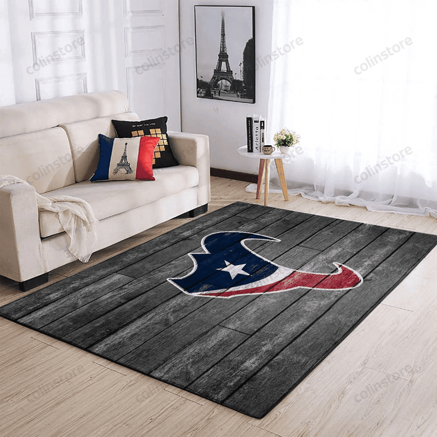 Houston Texans Team Logo Grey Wooden Rectangle Area Rug – Full Print Carpet For Living Room & Bedroom Home Decor