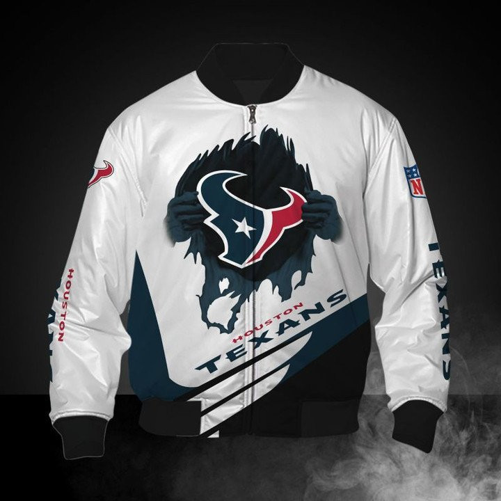 Houston Texans White Blue Bomber Jacket | NFL Team Jacket for Men & Women | Football Fan Gift