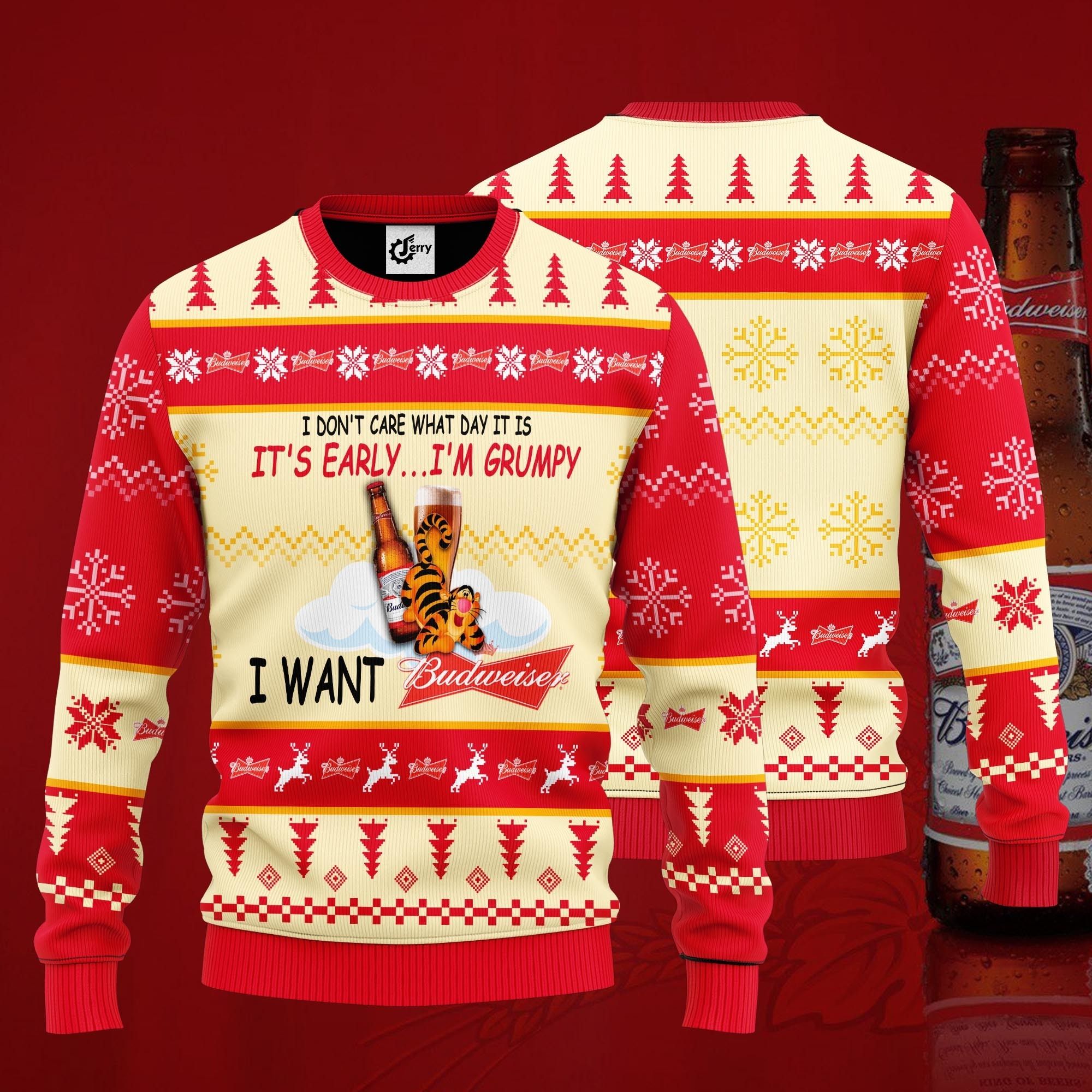 I Don'T Care What Day It Is It'S Early I'M Grumpy I Want Budweiser Ugly Christmas Sweater