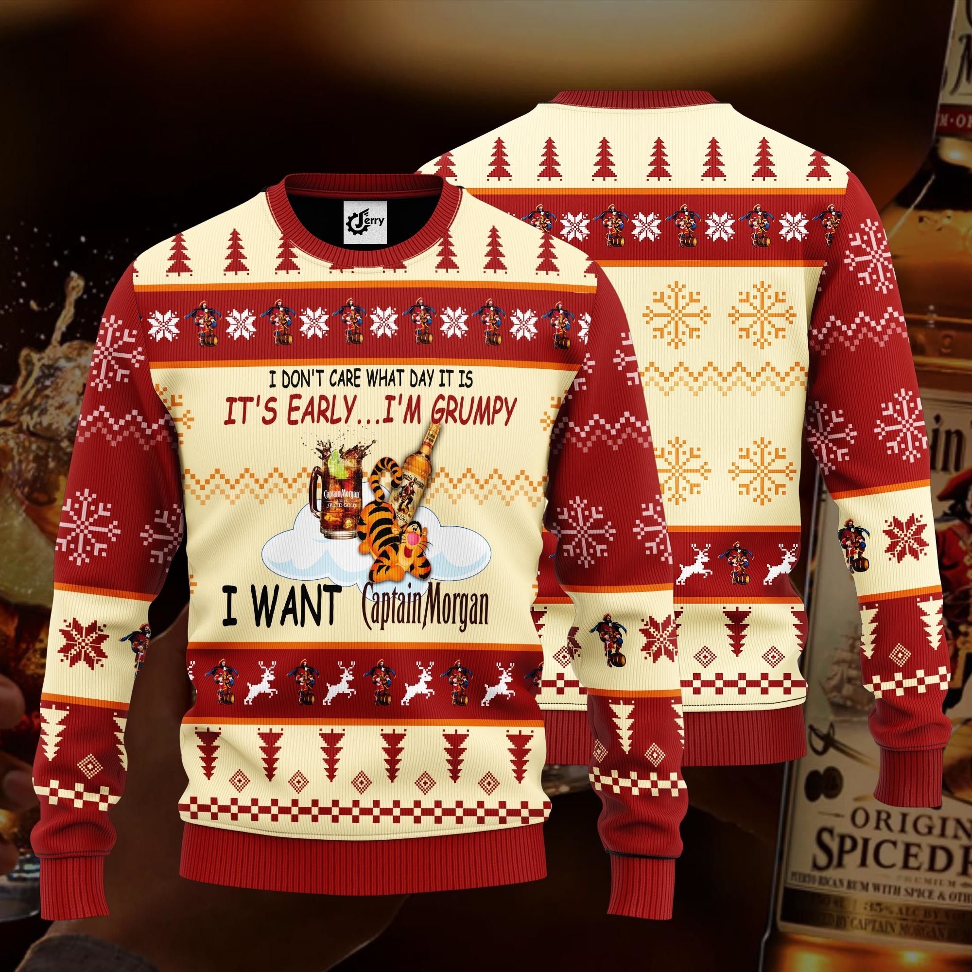 I Don'T Care What Day It Is It'S Early I'M Grumpy I Want Captain Morgan Ugly Christmas Sweater
