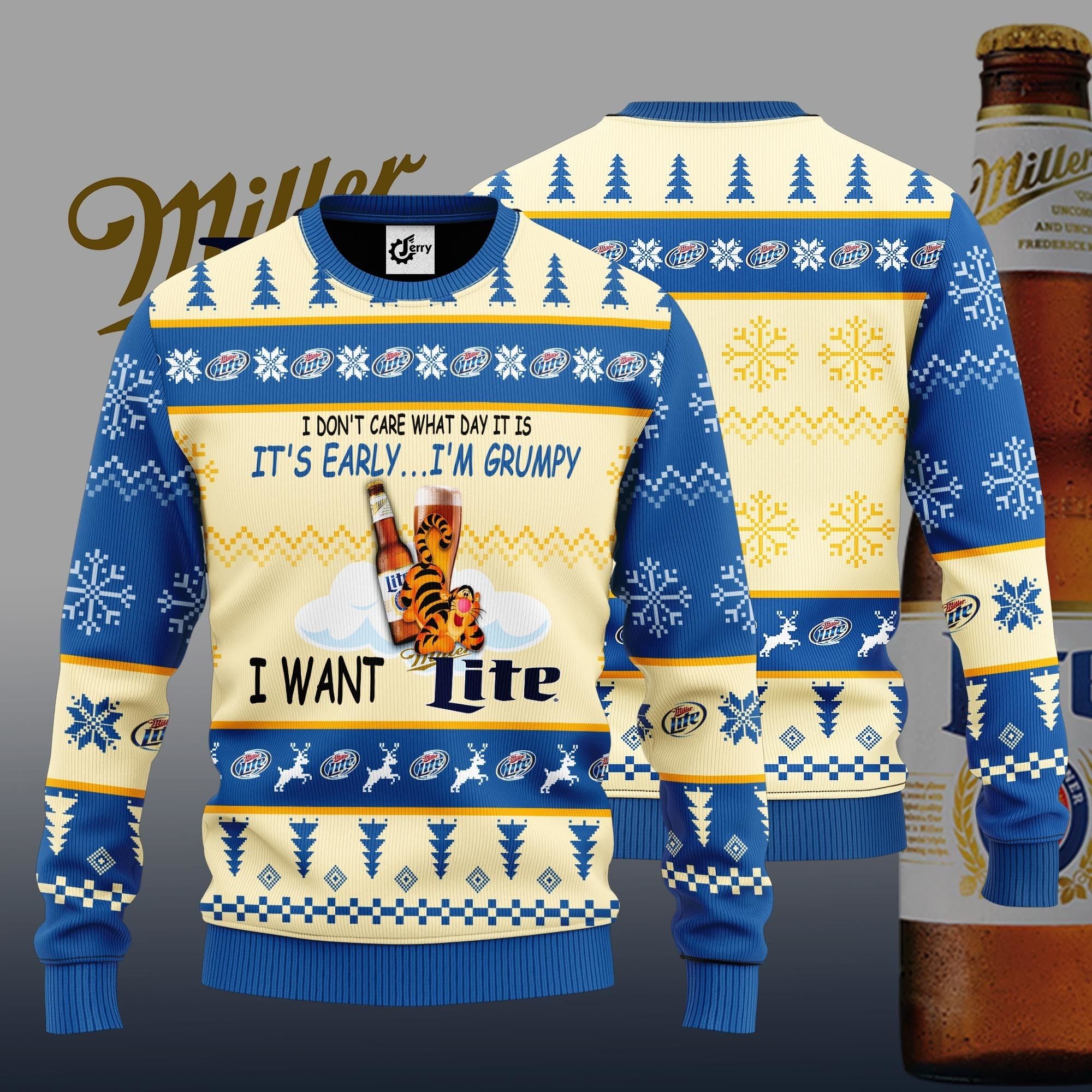I Don'T Care What Day It Is It'S Early I'M Grumpy I Want Miller Lite Ugly Christmas Sweater