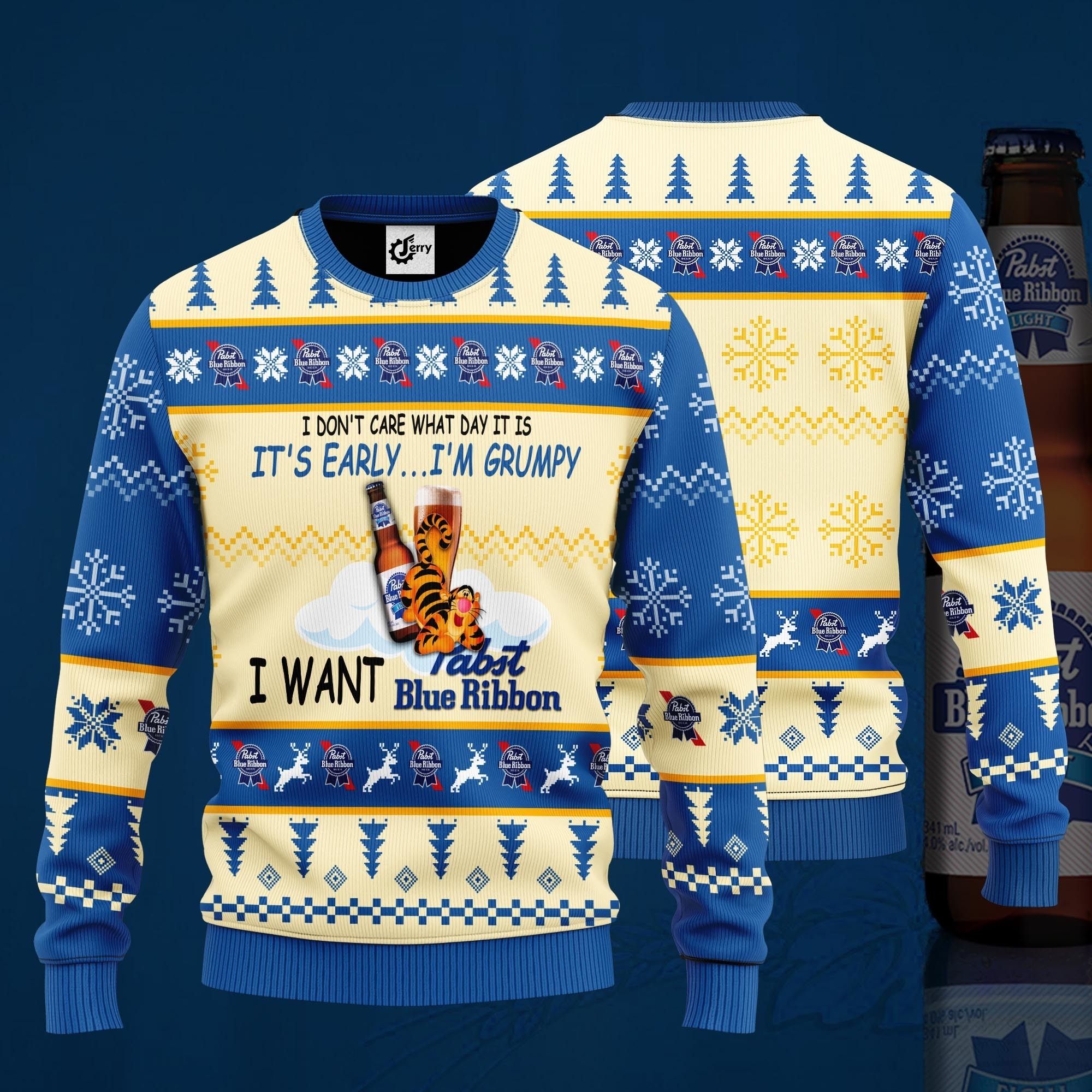 I Don'T Care What Day It Is It'S Early I'M Grumpy I Want Pabst Blue Ribbon Ugly Christmas Sweater