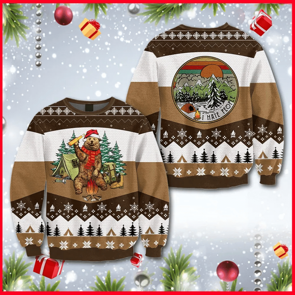 I Hate People Bear Beer Brown  Ugly Christmas Sweater, Perfect Holiday Gift
