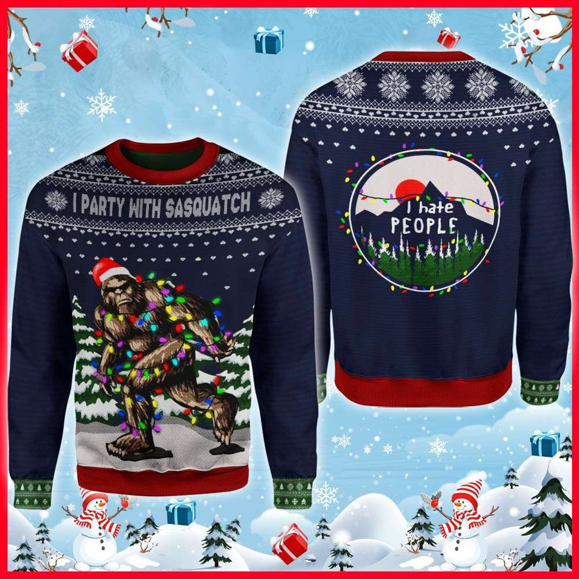 I Party With Sasquatch Camping Ugly Christmas Sweater,