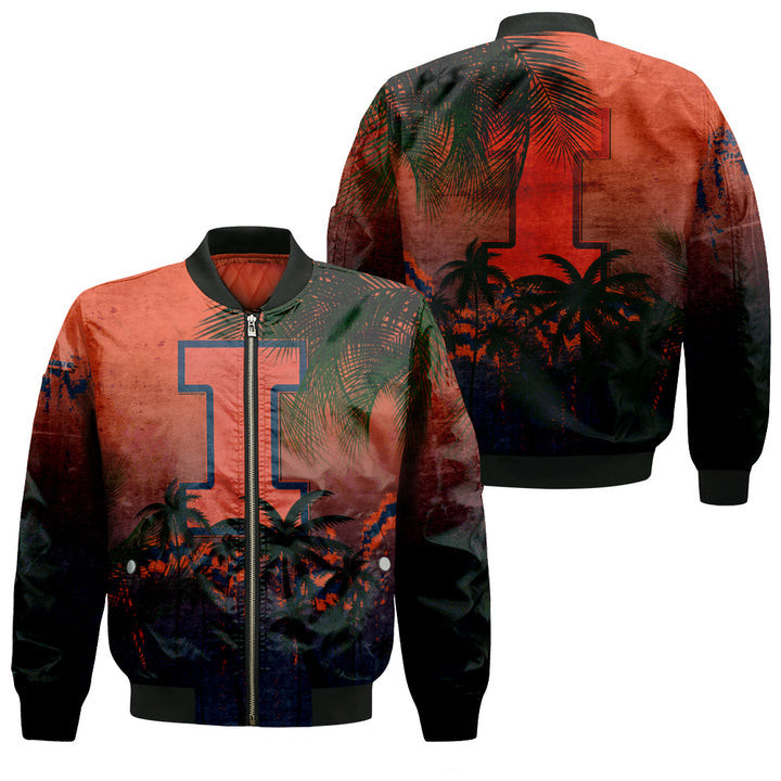 Illinois Fighting Illini Coconut Tree Bomber Jacket | NCAA College Team Jacket for Men & Women | Sports Fan Gift