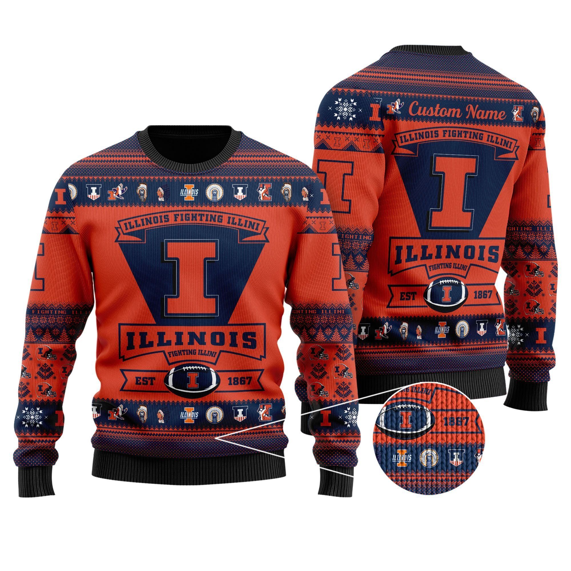 Illinois Fighting Illini Football Team Logo Custom Name Personalized Ugly Christmas Sweater Holiday Party Men Women Plus Size