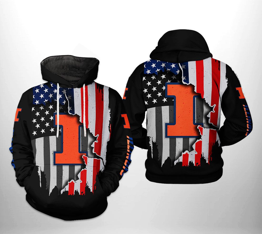 Illinois Fighting Illini NCAA US Flag 3D All Over Print Hoodie & Zip Hoodie