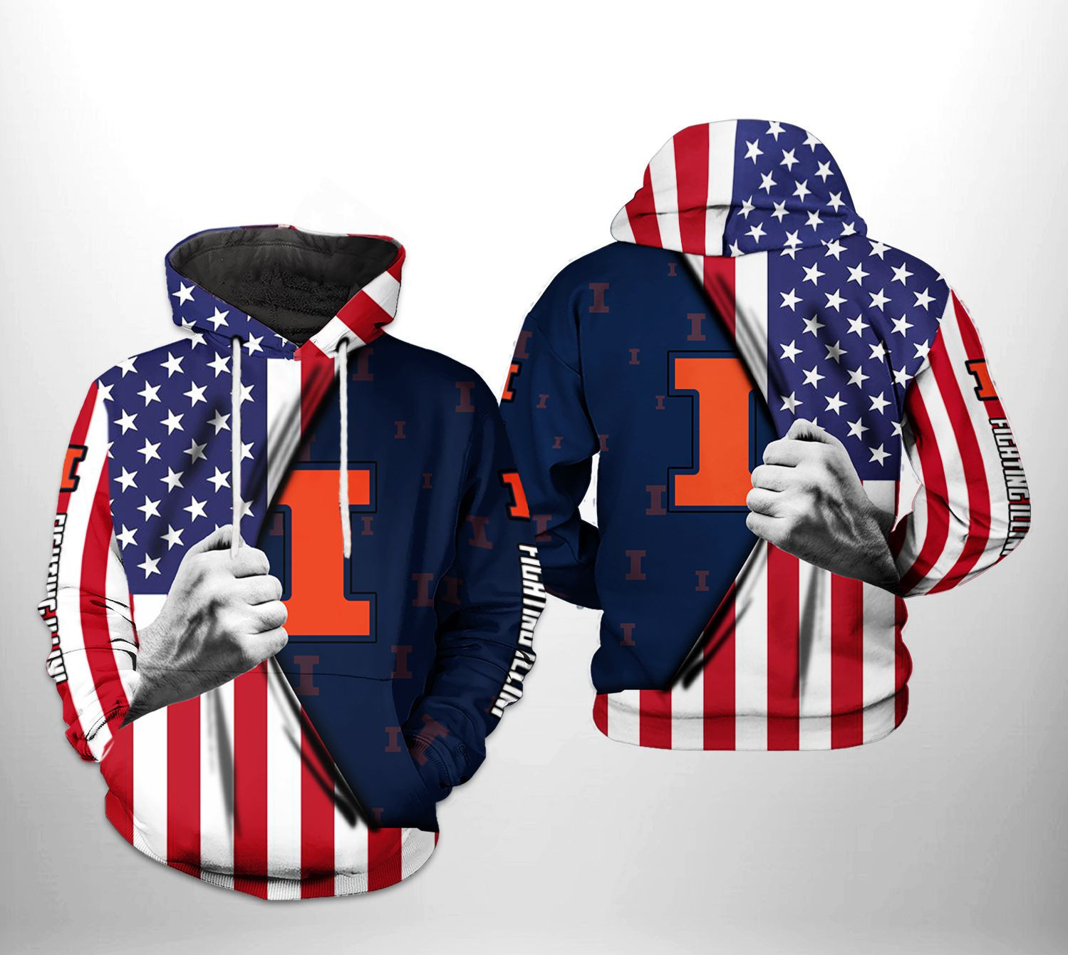 Illinois Fighting Illini NCAA US Flag 3D All Over Print Hoodie & Zip Hoodie