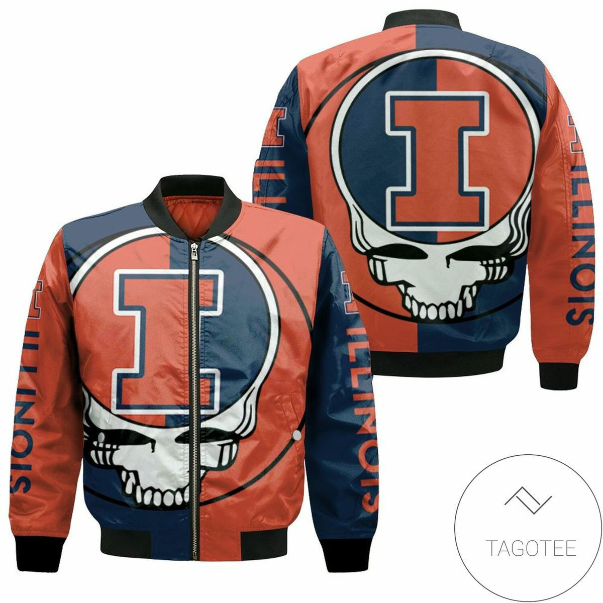 Illinois Fighting Illini Orange Blue Skull Bomber Jacket | NCAA College Team Jacket for Men & Women | Sports Fan Gift