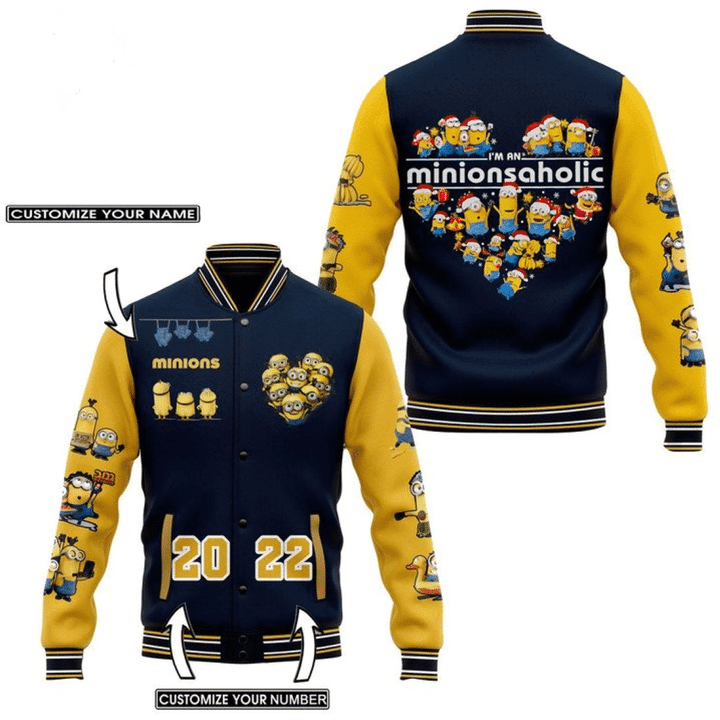 I'm a Minionsaholic Heart Christmas Personalized Baseball Jacket Fashion Baseball Jacket for Men & Women | Cartoon Fan Gift