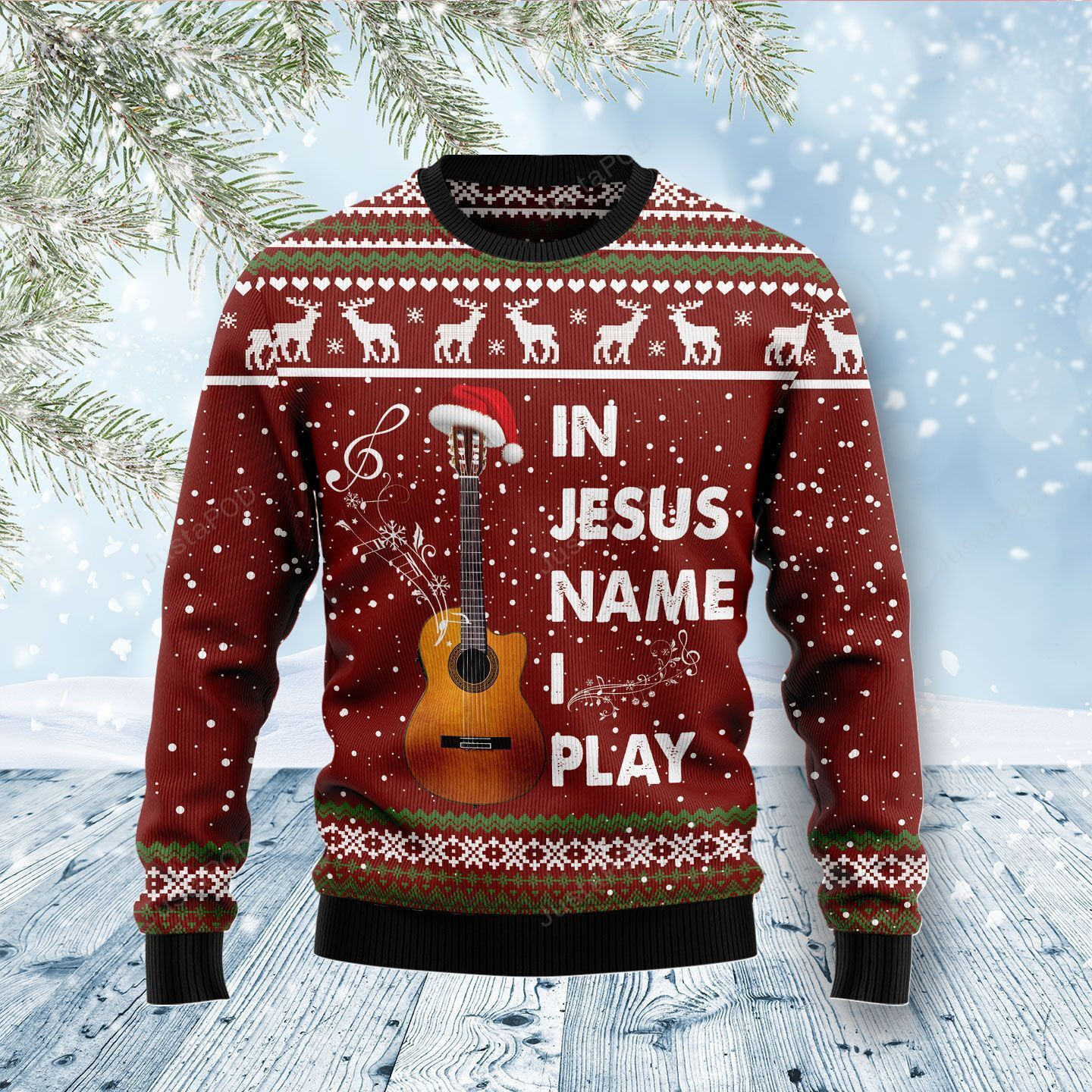 In Jesus Name I Play Guitar Christmas Ugly Christmas Sweater, Perfect Holiday Gift