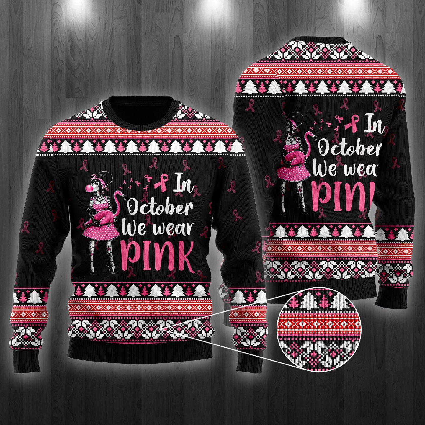 In Octorber We Wear Pink Flamingo Ugly Christmas Sweater, Perfect Holiday Gift