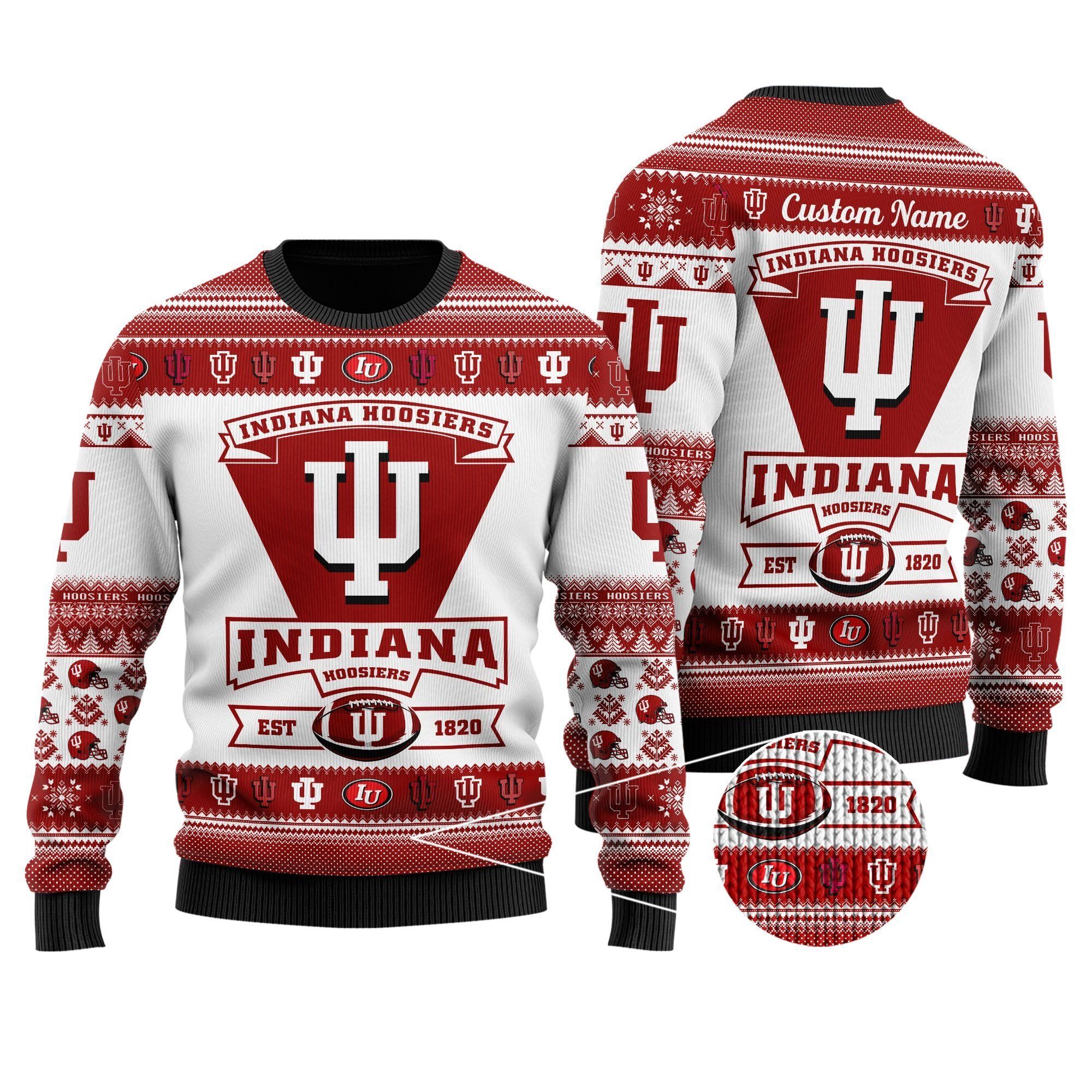 Indiana Hoosiers Football Team Logo Custom Name Personalized Ugly Christmas Sweater Holiday Party Men Women Plus Size