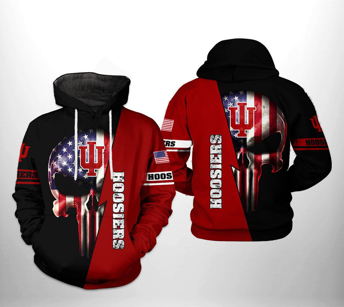 Indiana Hoosiers NCAA US Flag Skull 3D All Over Print Hoodie & Zip Hoodie