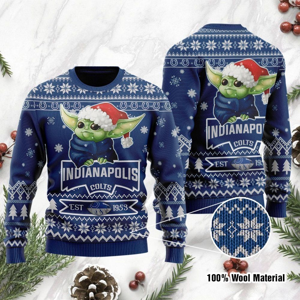 Indianapolis Colts Cute Baby Yoda Grogu Ugly Christmas Sweater Holiday Party Men Women Full Plus Size