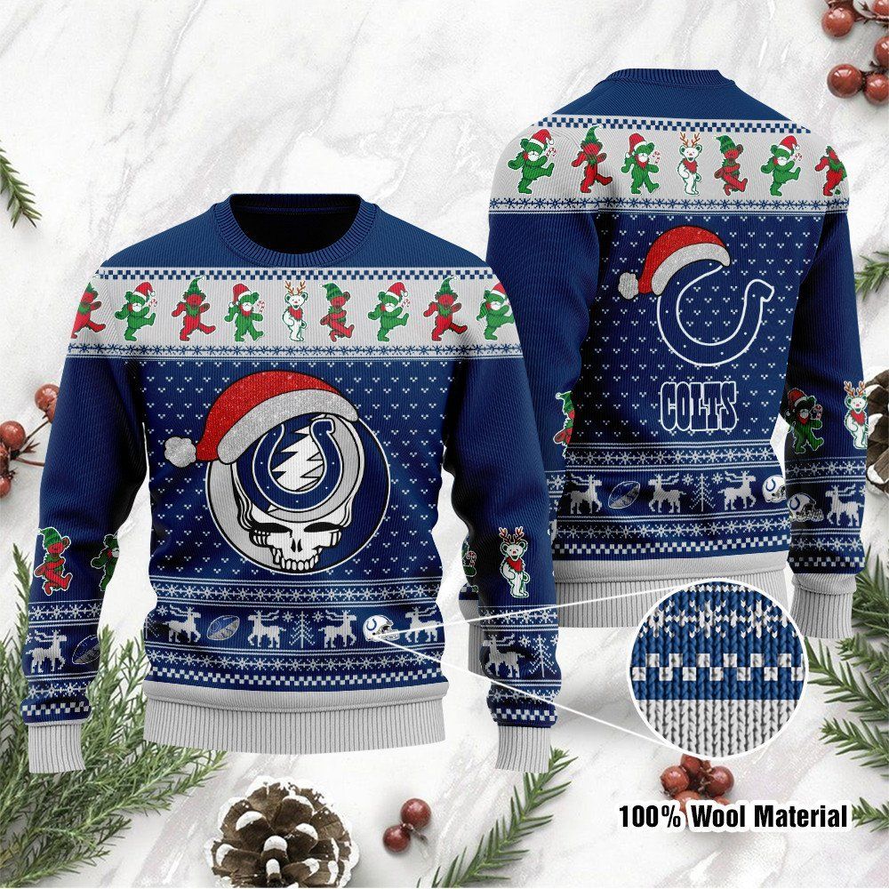Indianapolis Colts Grateful Dead SKull And Bears Custom Name Ugly Christmas Sweater NFL Football Christmas
