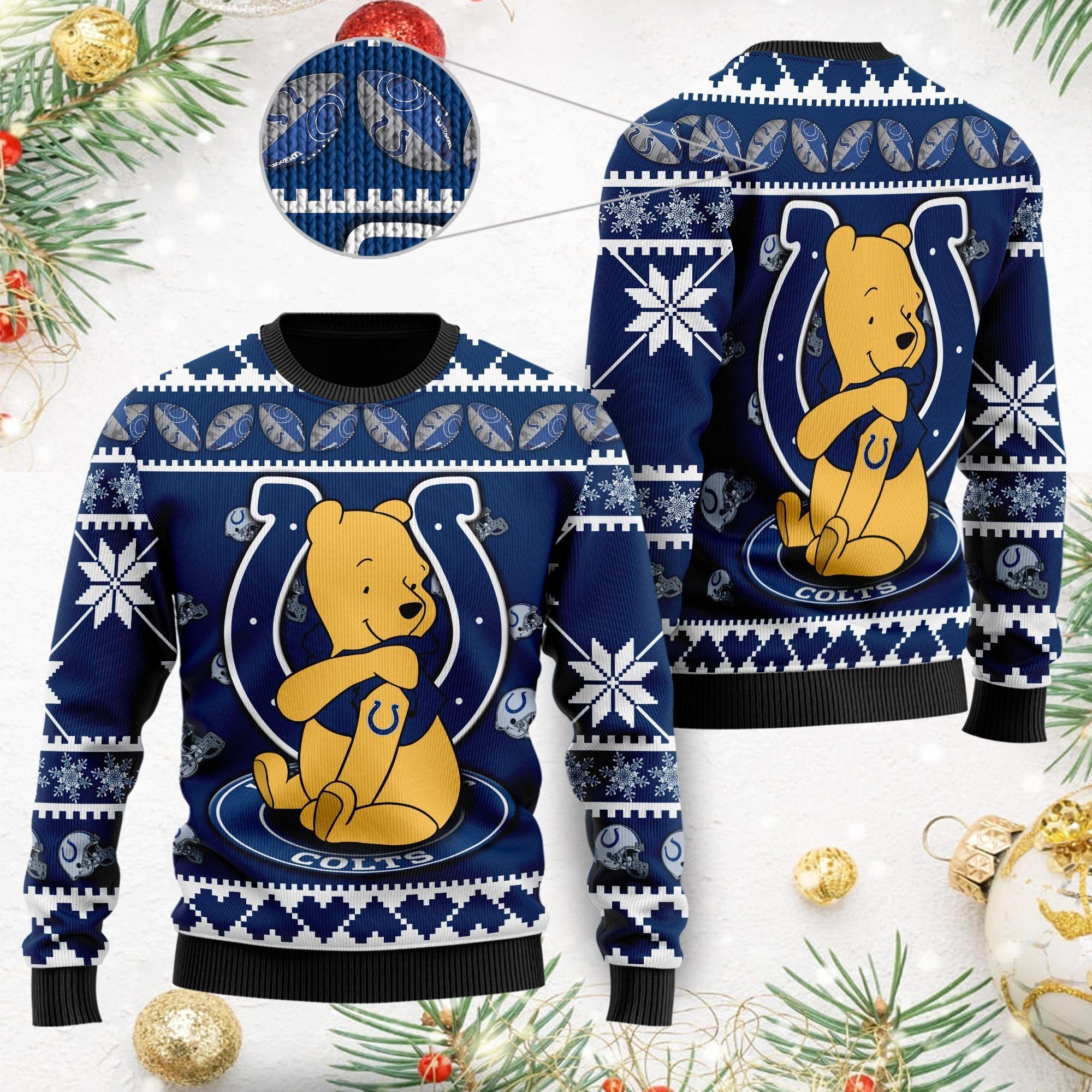 Indianapolis Colts NFL American Football Team Logo Cute Winnie The Pooh Bear 3D Ugly Christmas Sweater