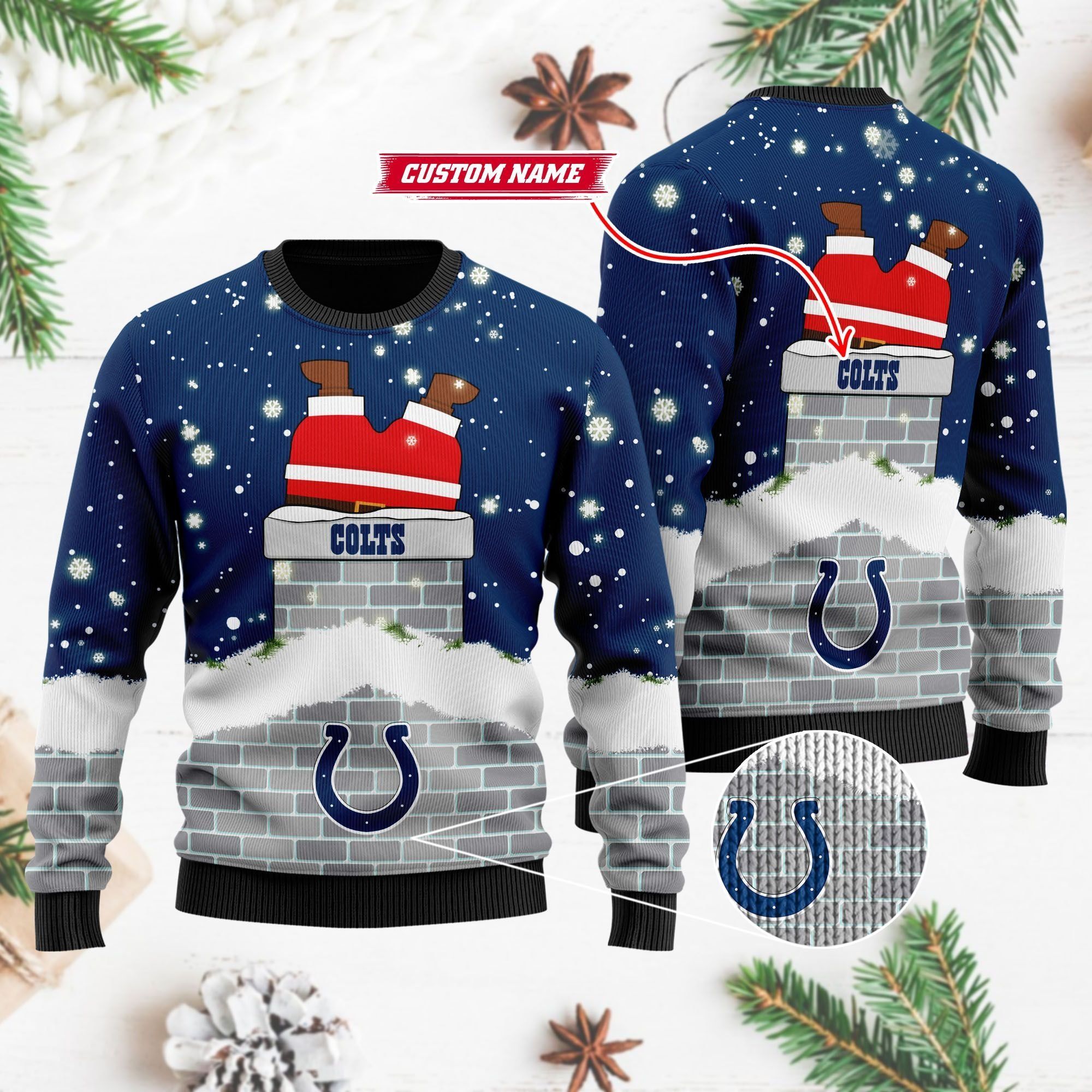 Indianapolis Colts NFL Football Team Logo Symbol Santa Claus Custom Name Personalized 3D Ugly Christmas Sweater