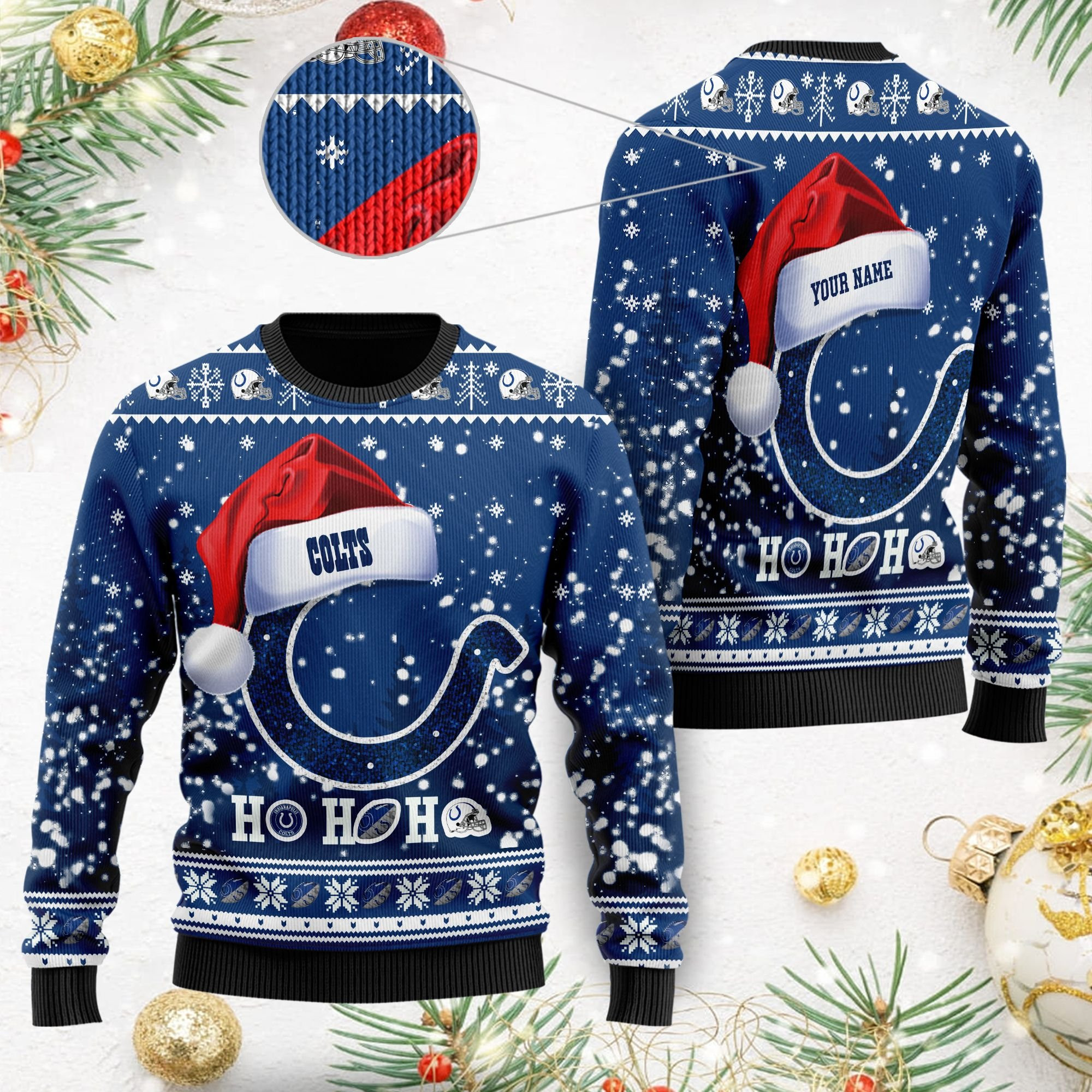 Indianapolis Colts Symbol Wearing Santa Claus Hat Ho Ho Ho Personalized Ugly Christmas Sweater Perfect Holiday Gift