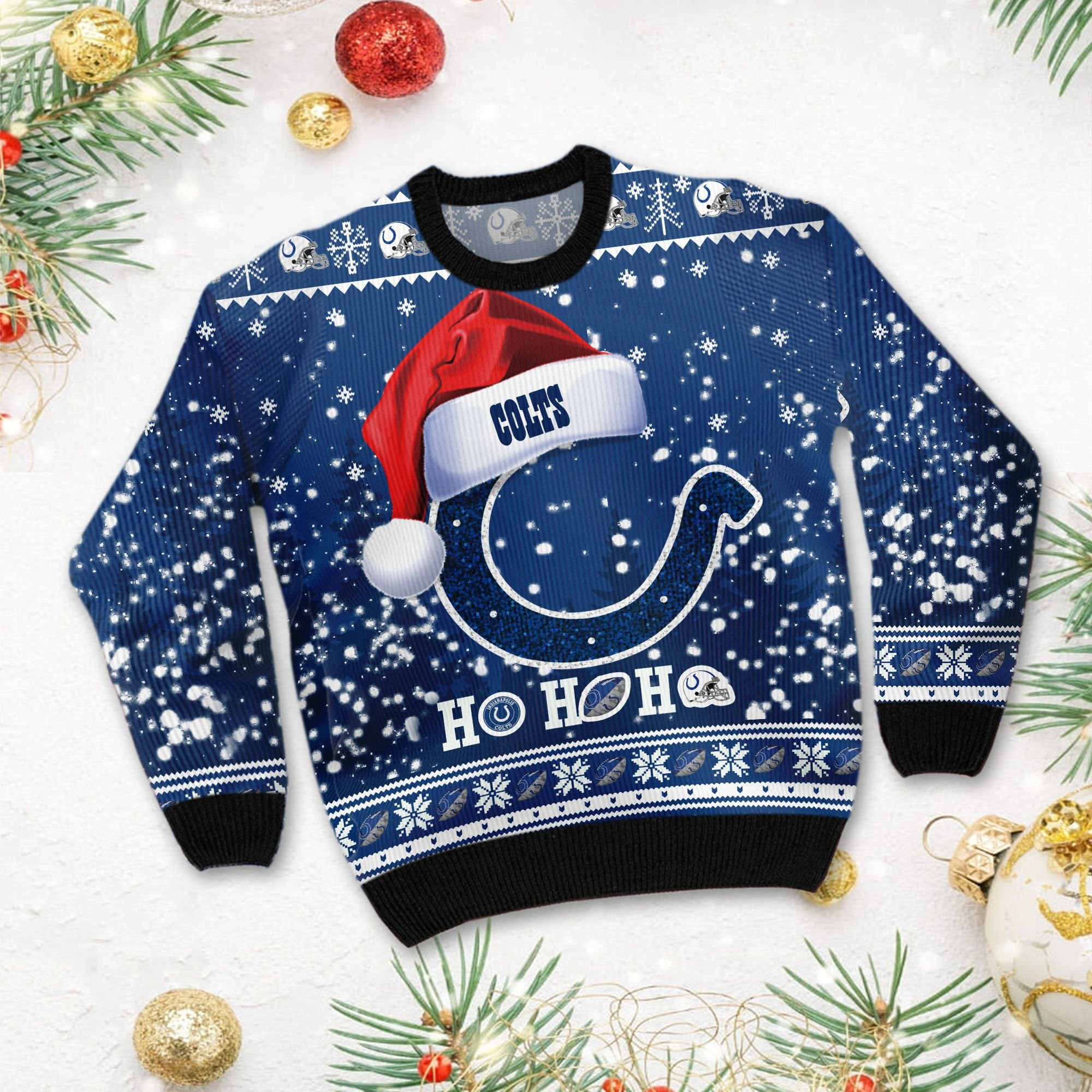 Indianapolis Colts Symbol Wearing Santa Claus Hat Ho Ho Ho Personalized Ugly Christmas Sweater Perfect Holiday Gift - Image 3