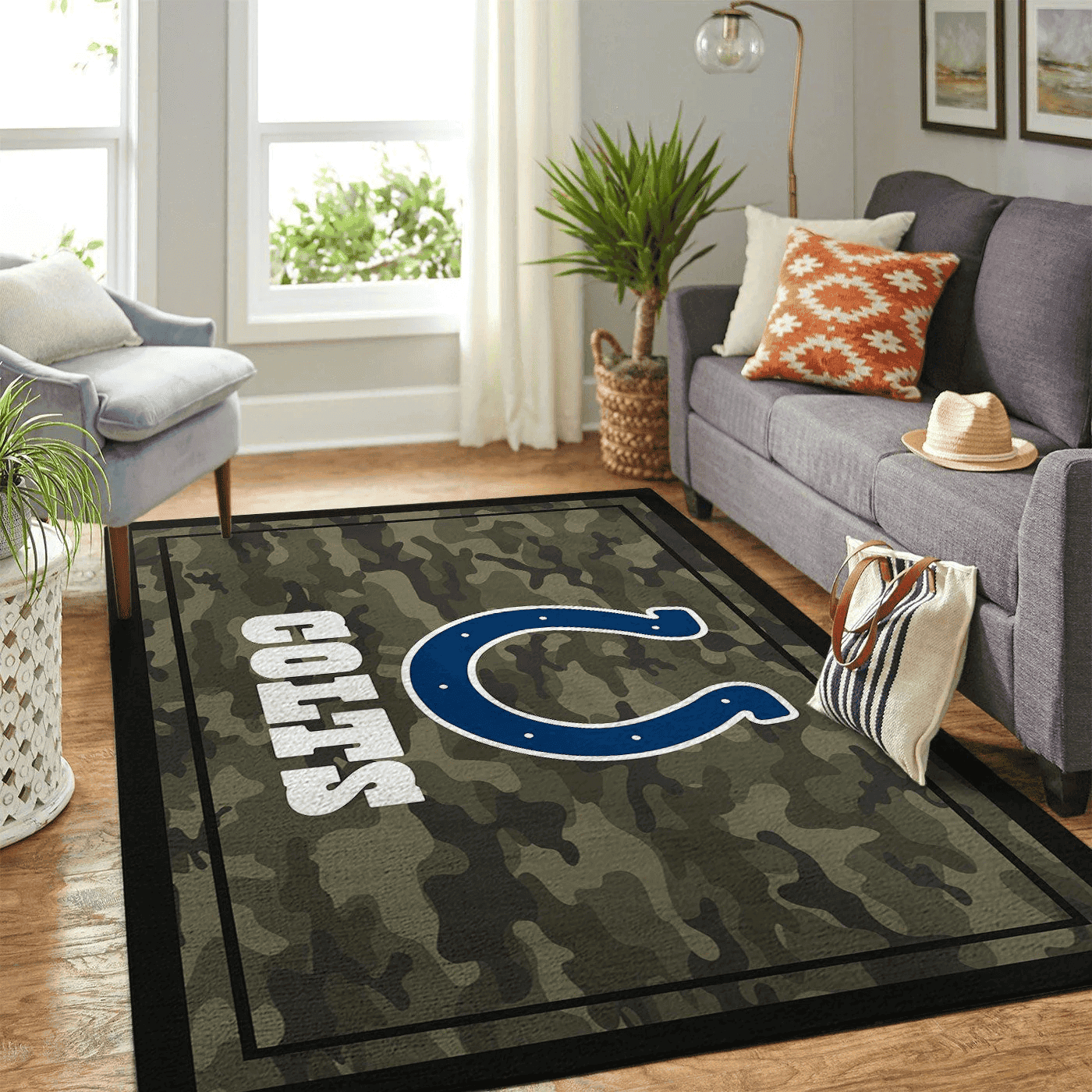 Indianapolis Colts Team Logo Camo Rectangle Area Rug – Full Print Carpet For Living Room & Bedroom Home Decor