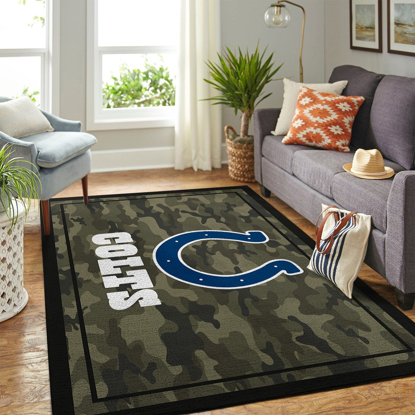 Indianapolis Colts Team Logo Camo Rectangle Area Rug – Full Print Carpet For Living Room & Bedroom Home Decor