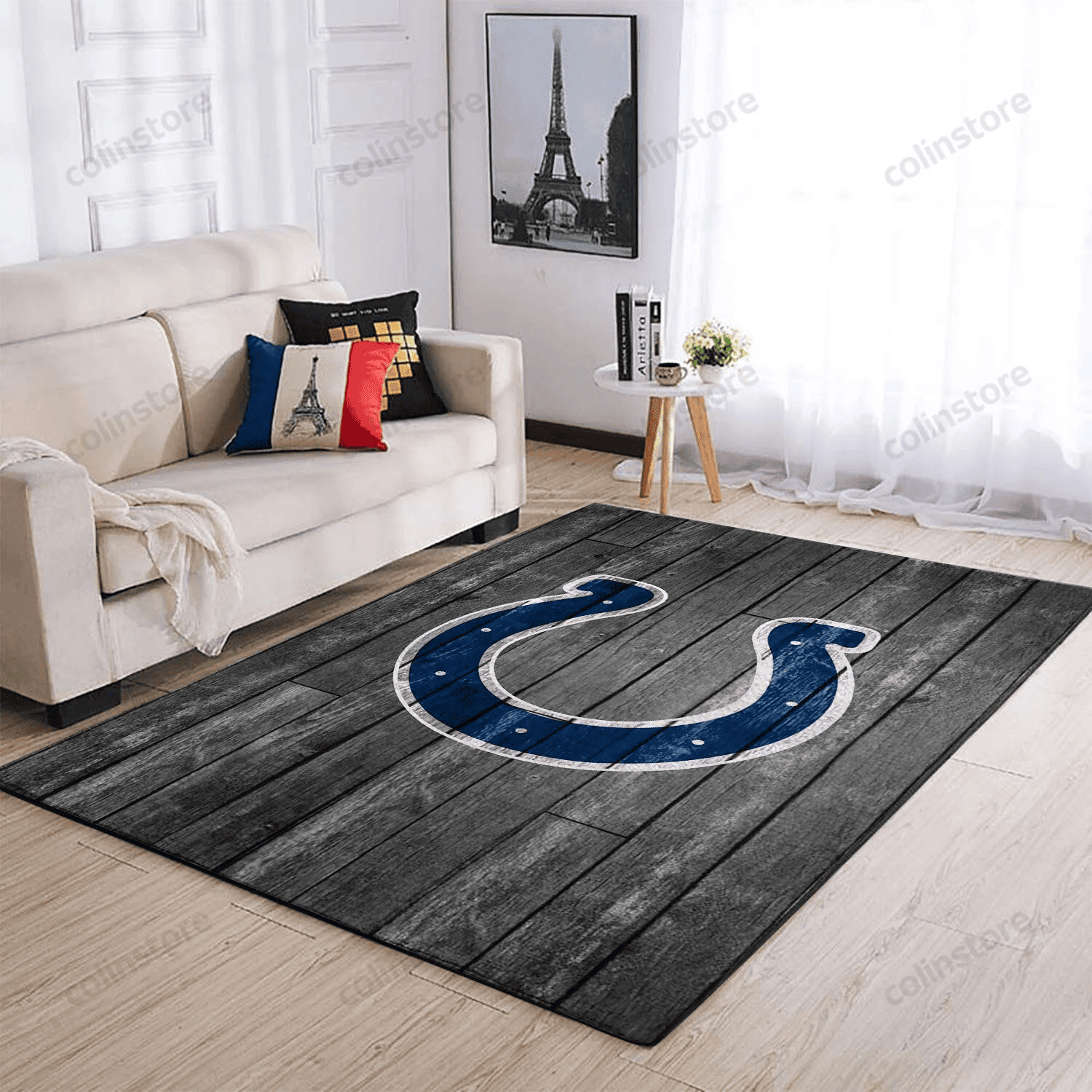 Indianapolis Colts Team Logo Grey Wooden Rectangle Area Rug – Full Print Carpet For Living Room & Bedroom Home Decor