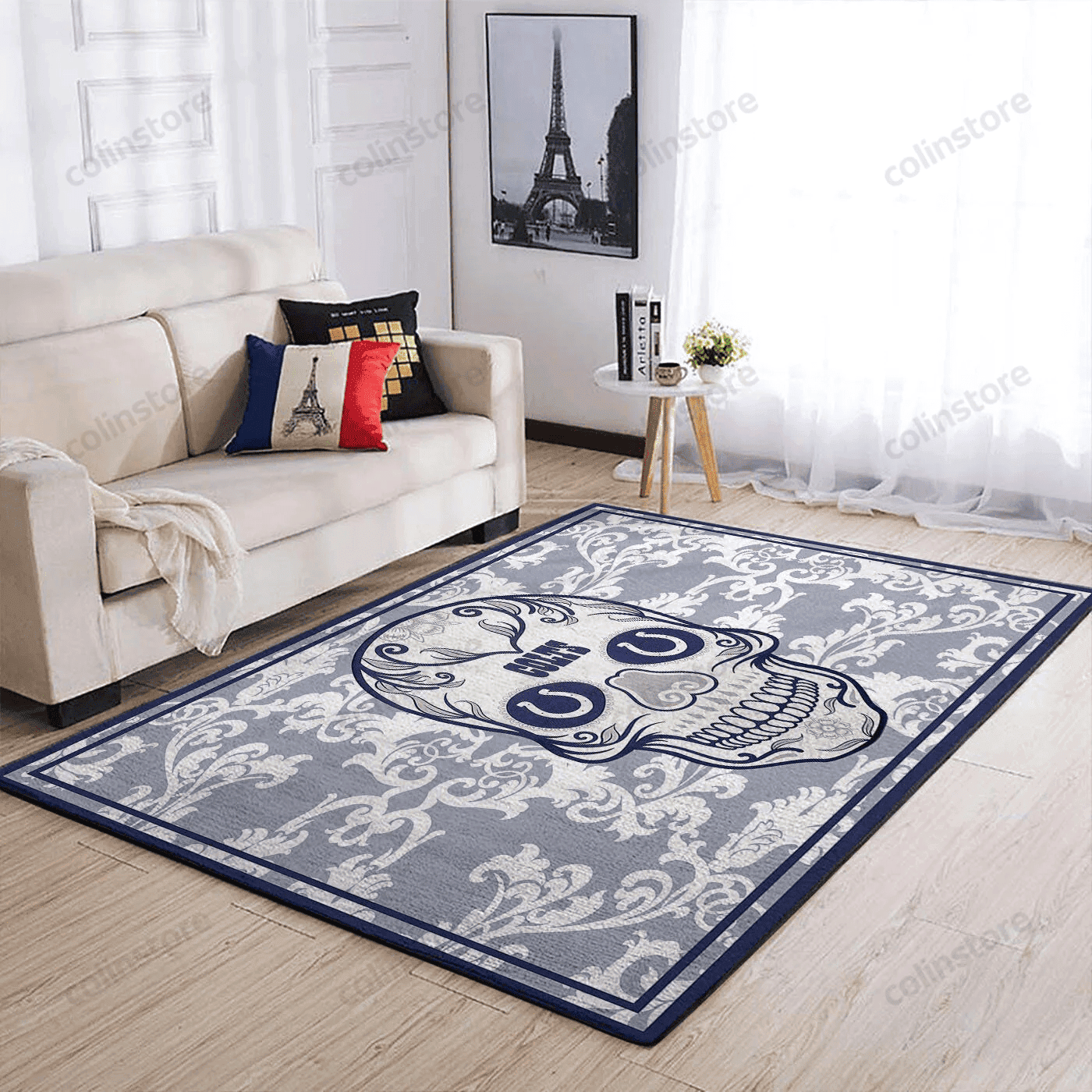 Indianapolis Colts Team Logo Skull Flower Rectangle Area Rug – Full Print Carpet For Living Room & Bedroom Home Decor
