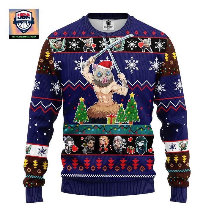 Inosuke Hashibira Demon Slayer Anime Ugly Christmas Sweater Blue 1 Amazing Gift Idea Thanksgiving Gift