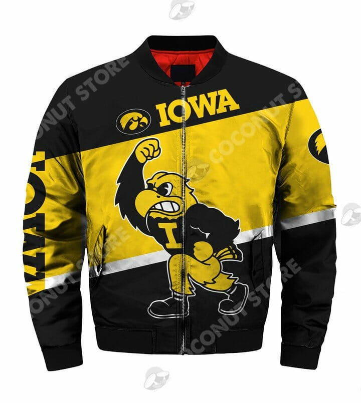 Iowa Hawkeyes Black Gold Mascot Bomber Jacket | NCAA College Team Jacket for Men & Women | Sports Fan Gift