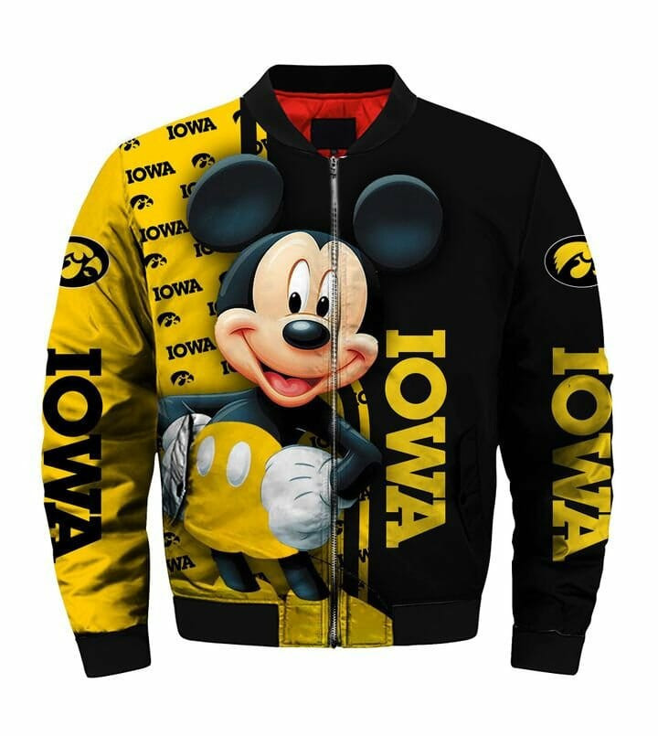 Iowa Hawkeyes Black Gold Mickey Mouse Bomber Jacket | NCAA College Team Jacket for Men & Women | Sports Fan Gift