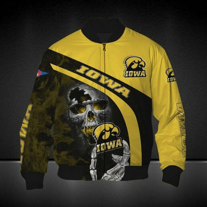 Iowa Hawkeyes Black Gold Skull Bomber Jacket | NCAA College Team Jacket for Men & Women | Sports Fan Gift