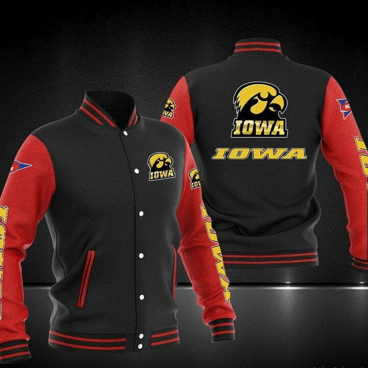 Iowa Hawkeyes Black Red Varsity Baseball Jacket for Men & Women | NCAA Team Fan Gift
