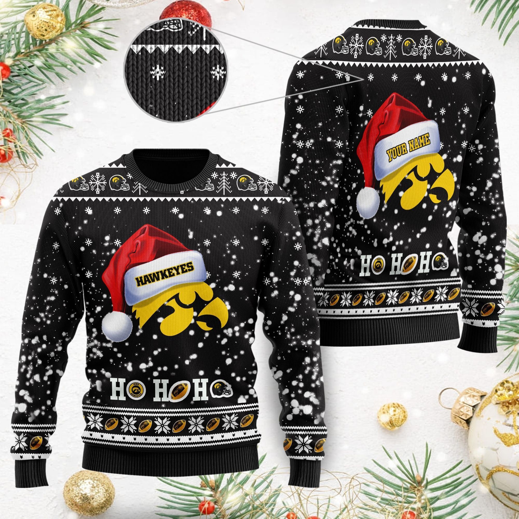 Iowa Hawkeyes NCAA Symbol Wearing Santa Claus Hat Cute Pattern Ho Ho Ho Custom Personalized Ugly Christmas Sweater For Football Fans On Xmas Party