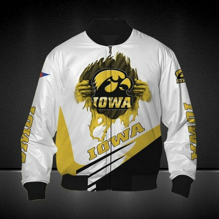 Iowa Hawkeyes White Gold Bomber Jacket | NCAA College Team Jacket for Men & Women | Sports Fan Gift