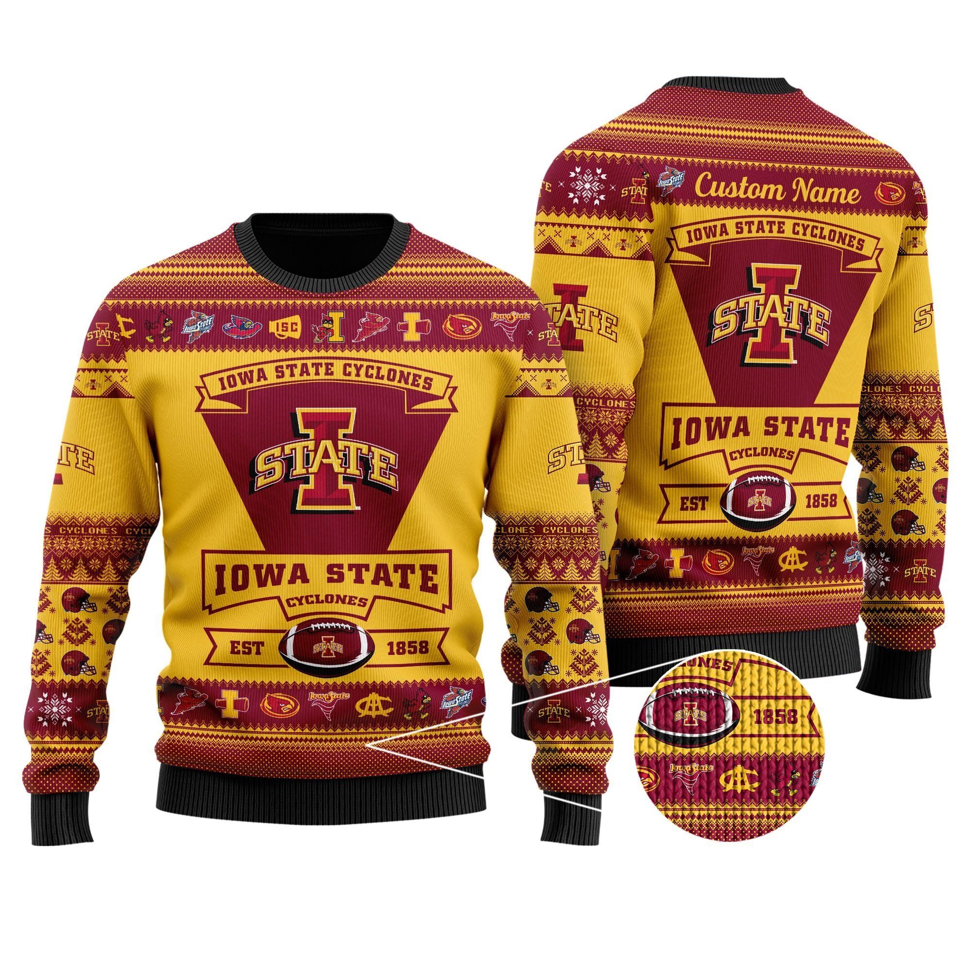 Iowa State Cyclones Football Team Logo Custom Name Personalized Ugly Christmas Sweater Holiday Party Men Women Plus Size