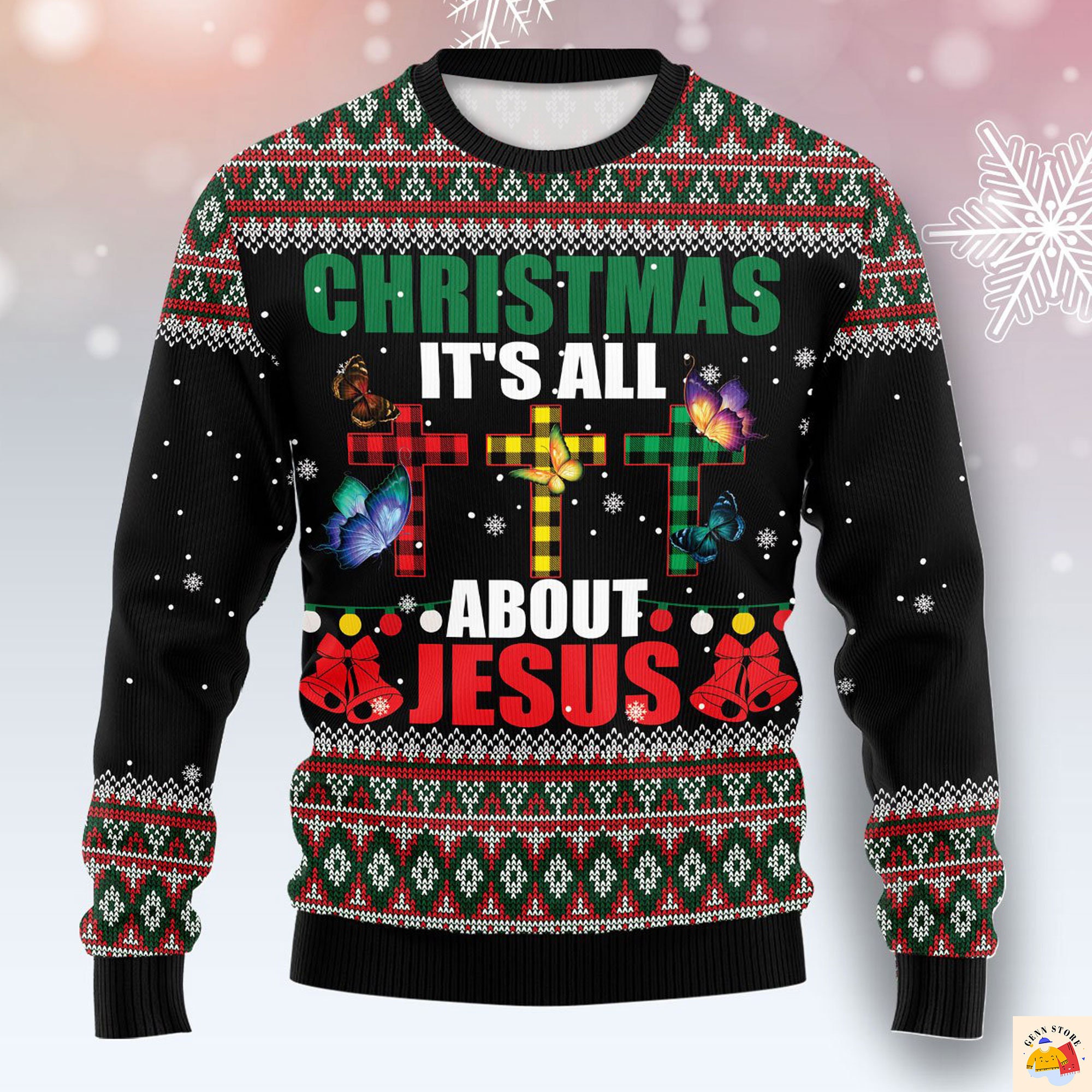 It's All About Jesus Butterfly Plaid Cross Ugly Christmas Sweater