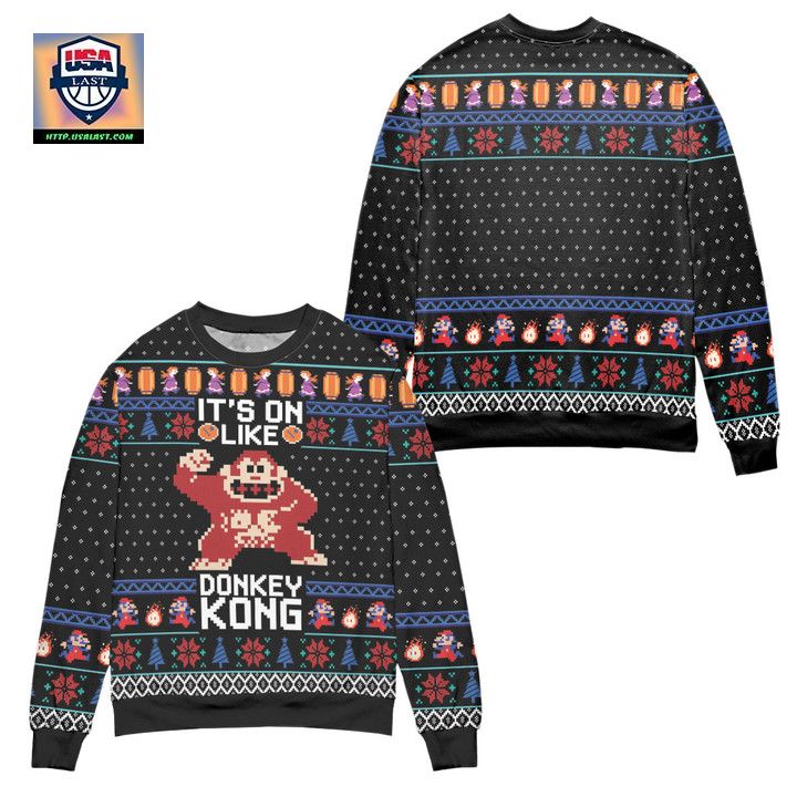 Its On Like Donkey Kong Snowflake Pattern Ugly Christmas Sweater Black