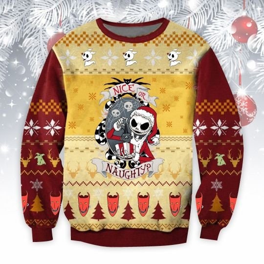 Jack Skellington Nice or Naughty Christmas Wool Ugly Knitted Ugly Christmas Sweater