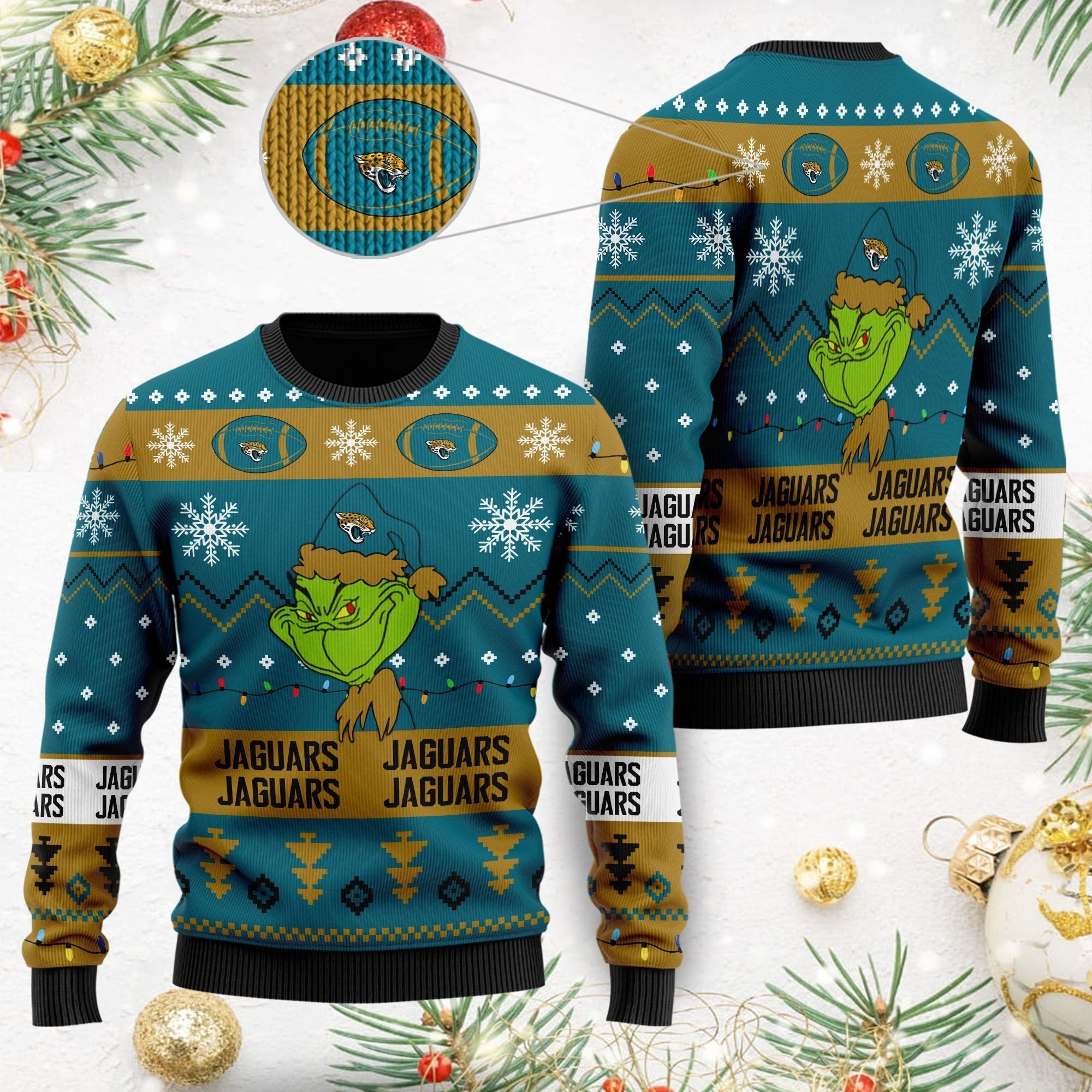 Jacksonville Jaguars American NFL Football Team Logo Cute Grinch 3D Men And Women Ugly Christmas Sweater For Sport Lovers On Christmas Days