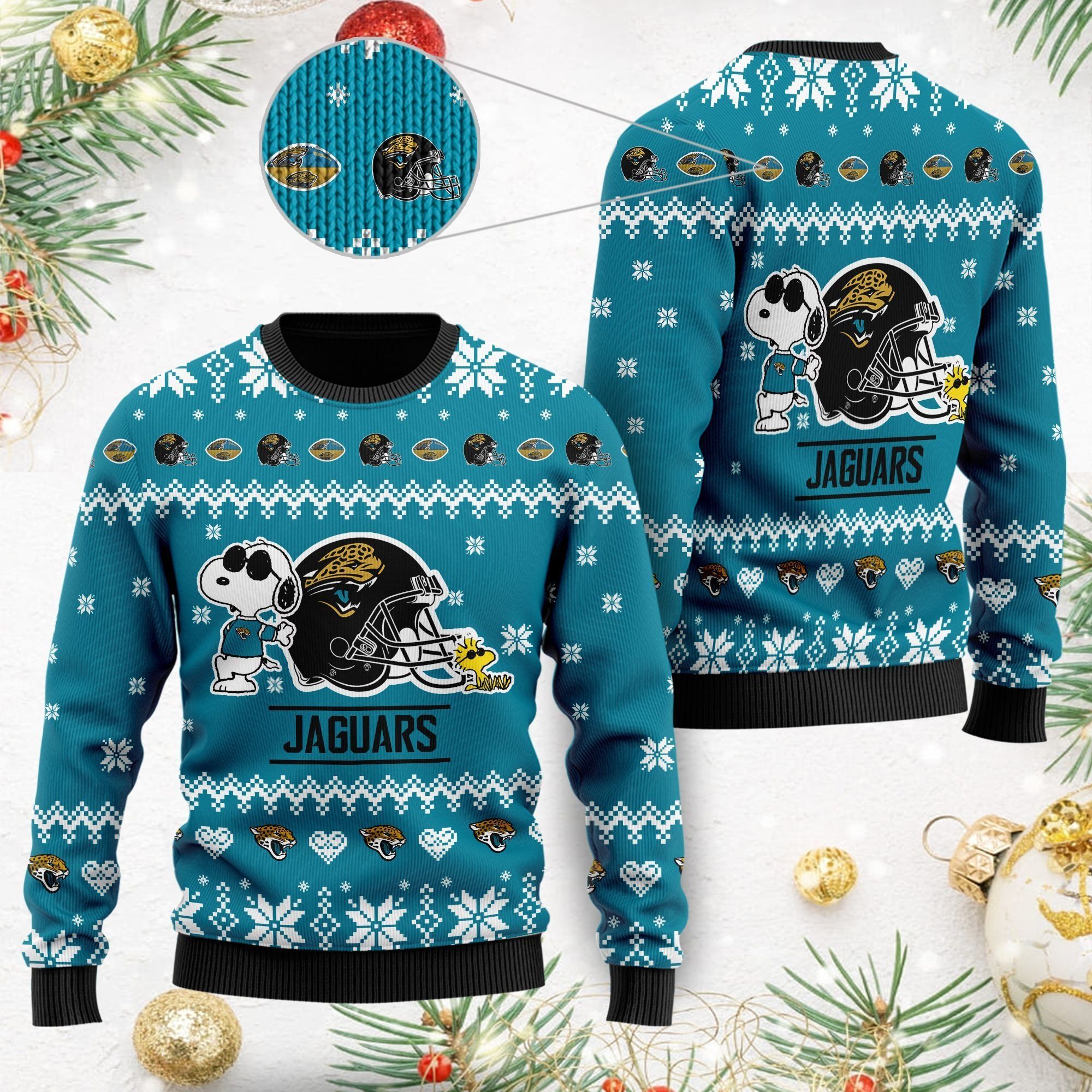 Jacksonville Jaguars Cute The Snoopy Show Football Helmet 3D All Over Print Ugly Christmas Sweater For American Football Players And Fans On Christmas Days