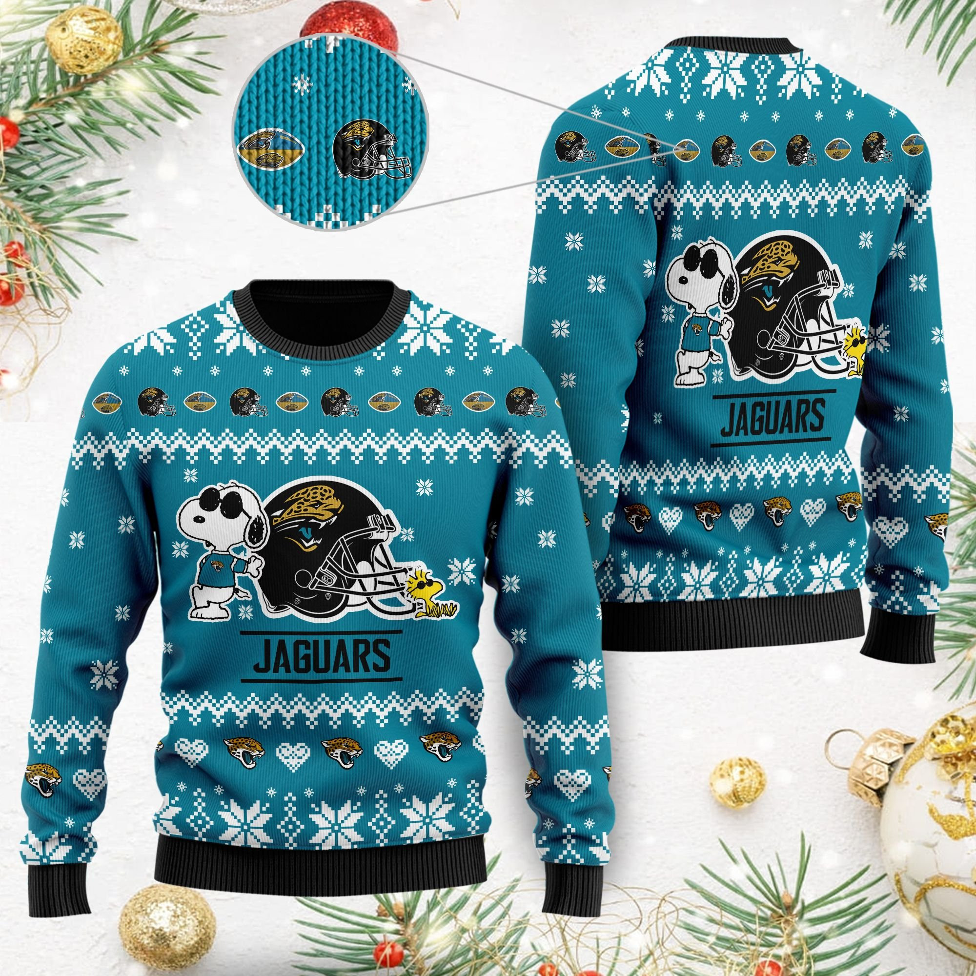 Jacksonville Jaguars Cute The Snoopy Show Football Helmet 3D Ugly Christmas Sweater, Perfect Holiday Gift