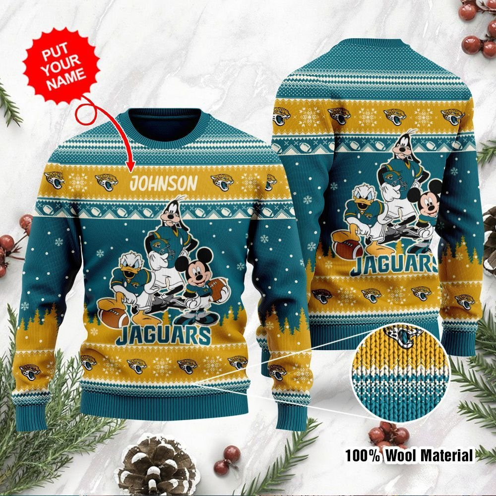 Jacksonville Jaguars Disney Donald Duck Mickey Mouse Goofy Personalized Ugly Christmas Sweater, Perfect Holiday Gift